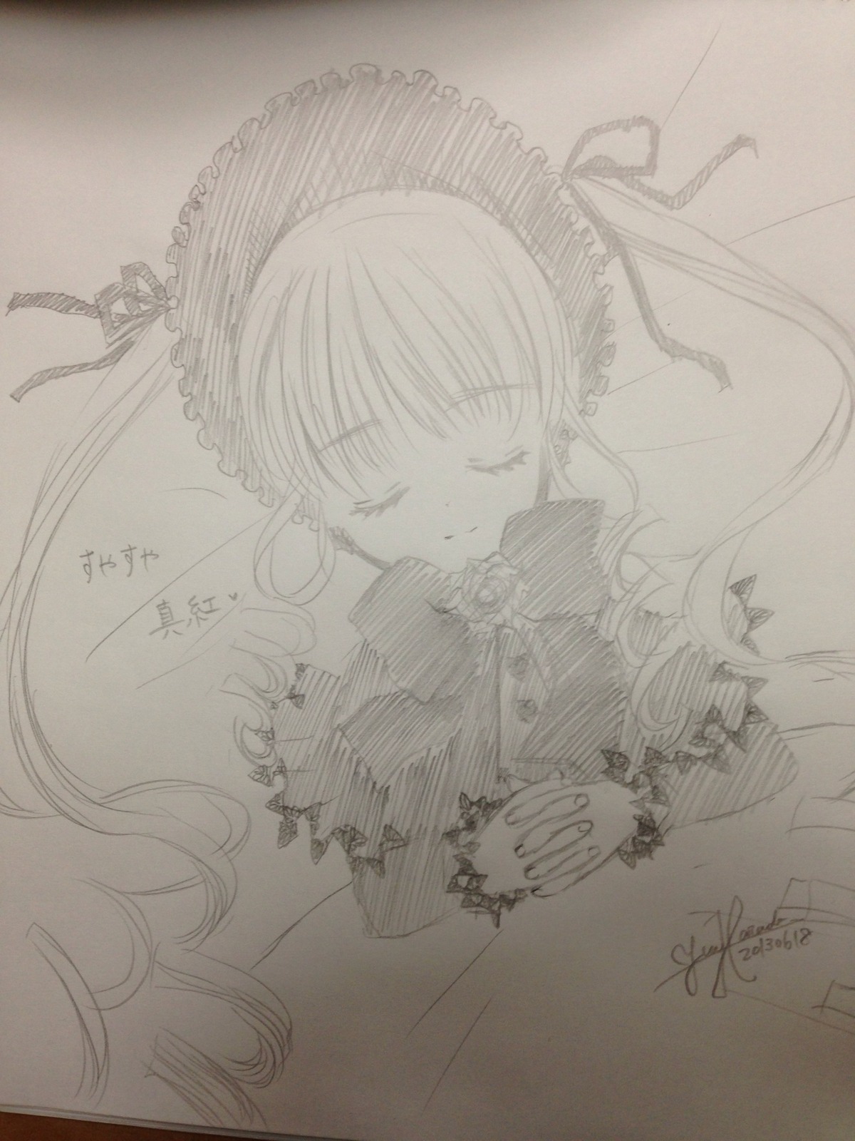 1girl closed_eyes dated dress drill_hair frills image long_hair monochrome photo shinku signature smile solo traditional_media twintails