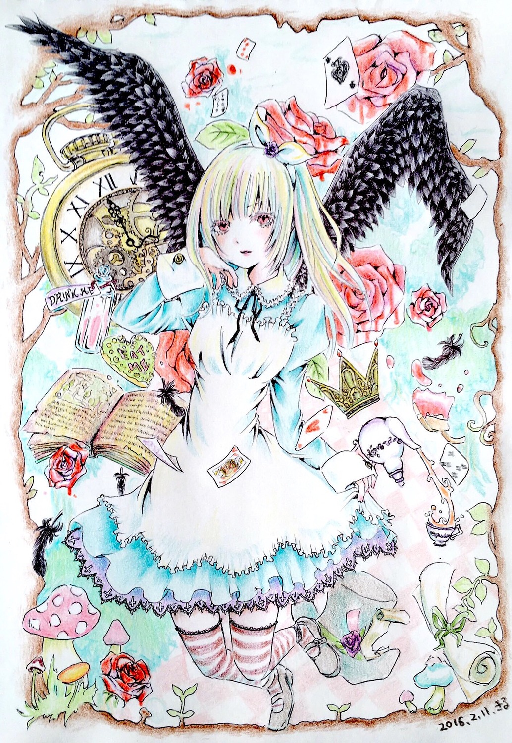 1girl bird blonde_hair book bug butterfly card colored_pencil_(medium) dress feathers flower hair_ribbon image insect red_eyes ribbon rose solo striped striped_legwear suigintou thighhighs traditional_media watercolor_(medium) wings