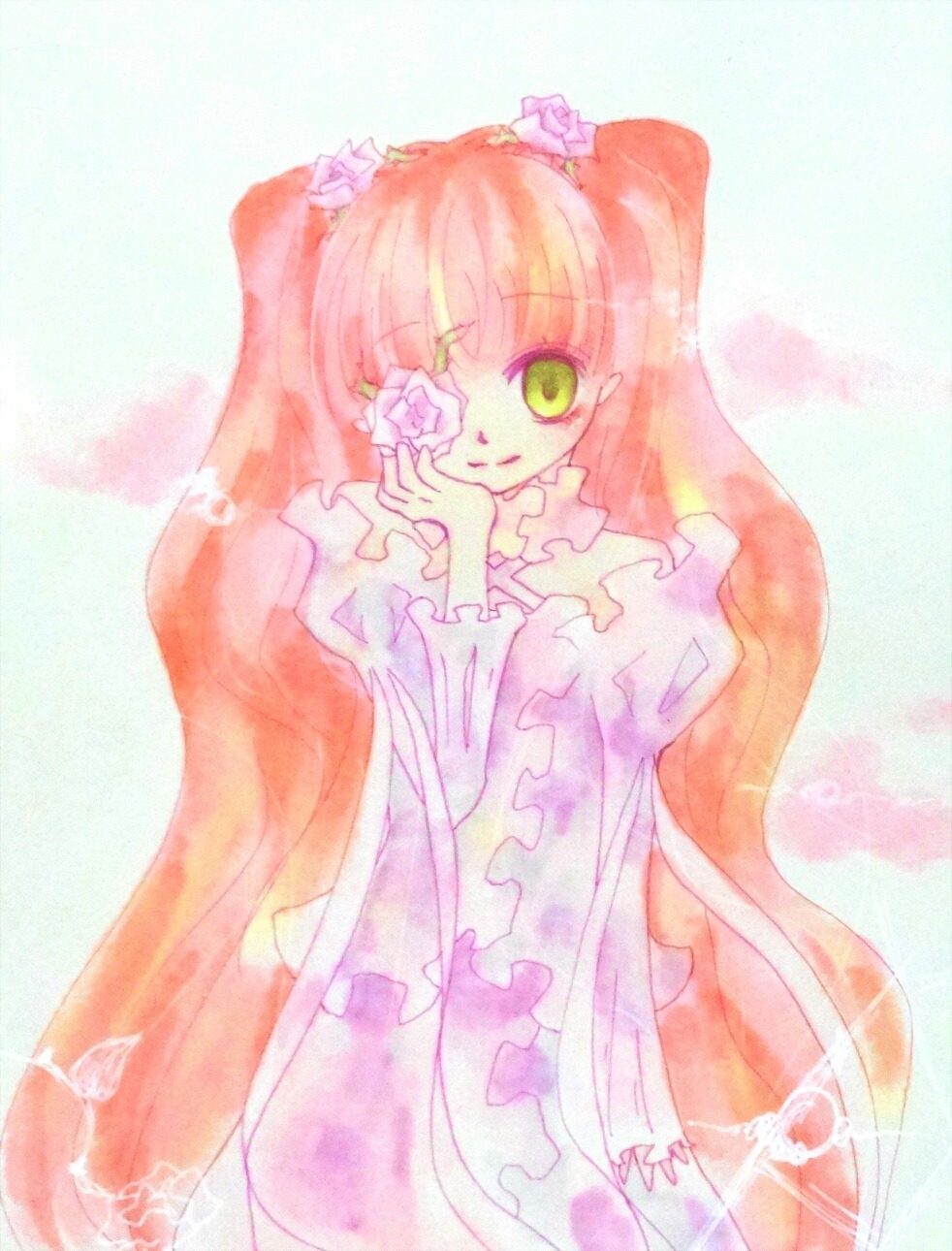 1girl bangs dress flower frills green_eyes hair_ornament image kirakishou long_hair long_sleeves looking_at_viewer pink_hair smile solo traditional_media very_long_hair