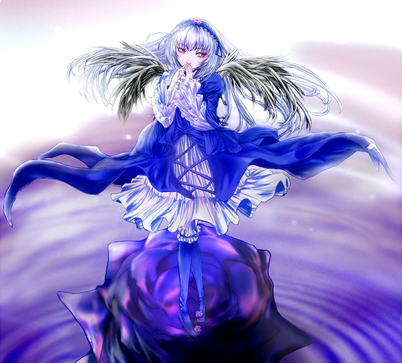 1girl dress flower frills full_body hairband image long_hair long_sleeves looking_at_viewer rose silver_hair solo suigintou wings