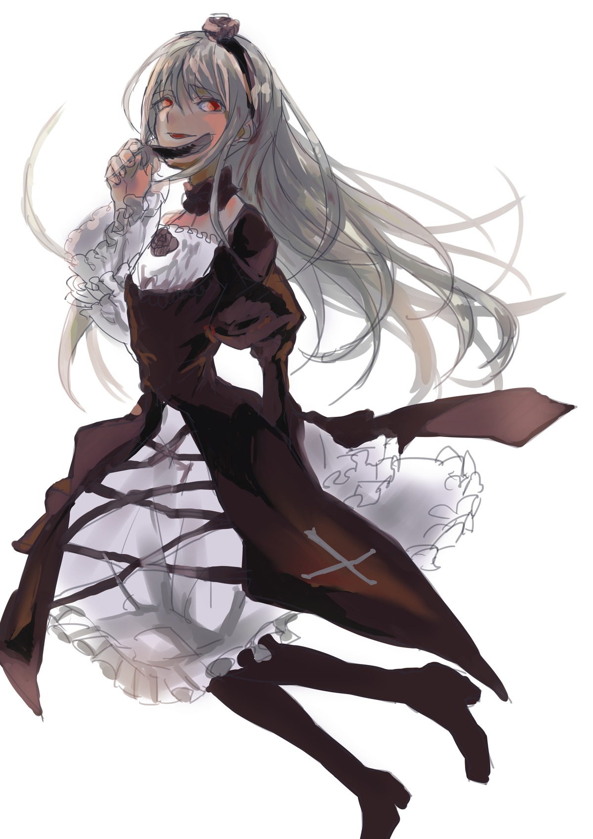 1girl dress frills full_body hairband image long_hair pantyhose red_eyes solo striped suigintou white_background