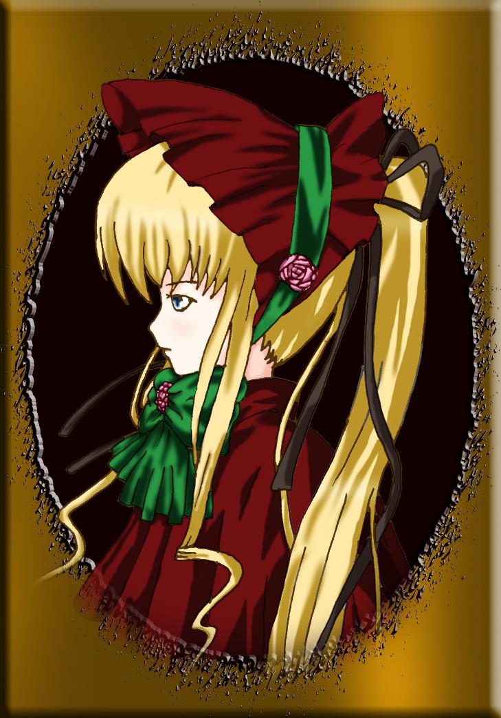 1girl blonde_hair blue_eyes blush bonnet bow bowtie dress flower green_bow image long_hair long_sleeves looking_afar pink_flower profile red_dress rose shinku sidelocks simple_background solo twintails