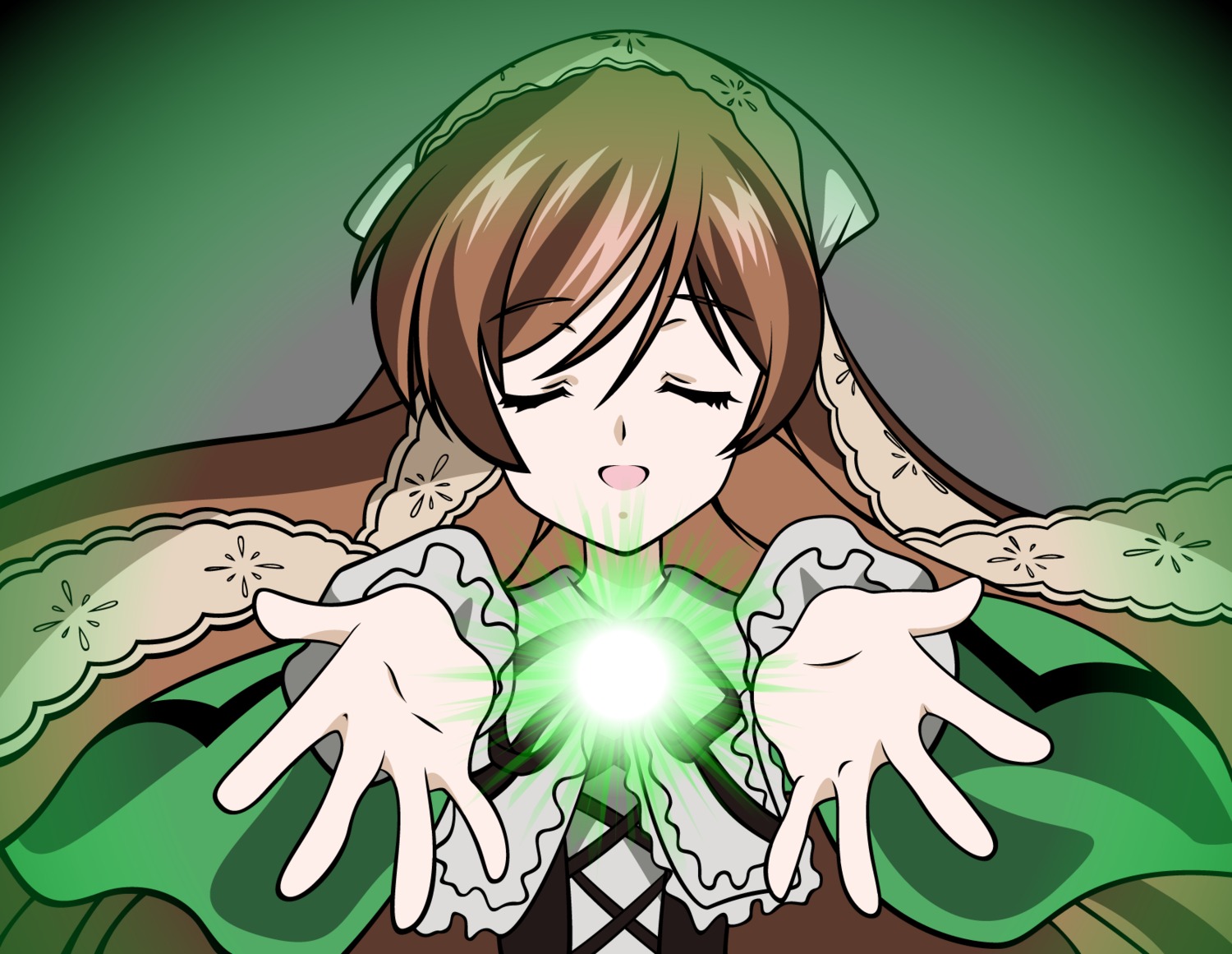 1girl brown_hair closed_eyes dress green_background head_scarf image long_hair long_sleeves open_mouth simple_background smile solo suiseiseki upper_body