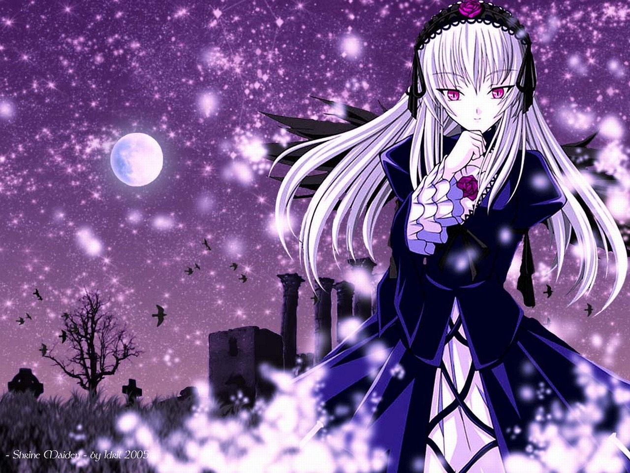 1girl dress flower frilled_sleeves frills full_moon hairband image long_hair long_sleeves looking_at_viewer moon night night_sky pink_eyes silver_hair sky solo star_(sky) starry_sky suigintou wings