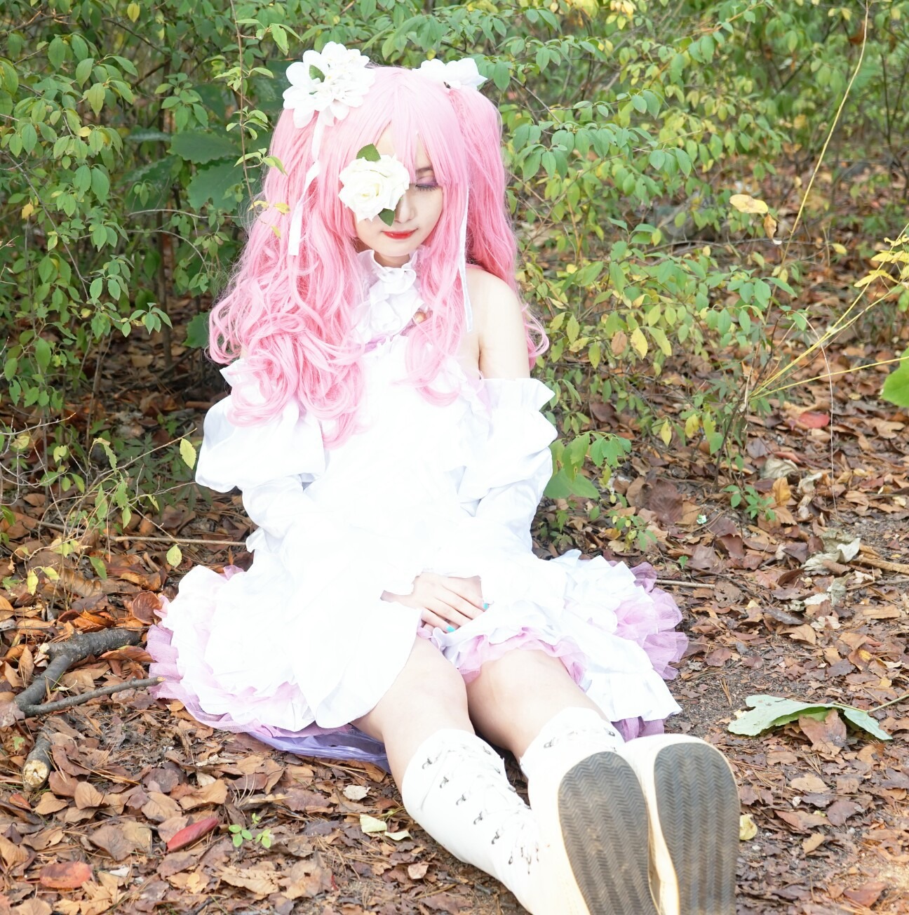 1girl dress facing_viewer flower kirakishou long_hair pink_hair sitting solo striped