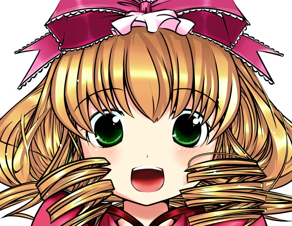 1girl :d blonde_hair blush bow close-up drill_hair face frills green_eyes hina_ichigo hinaichigo image looking_at_viewer open_mouth portrait ribbon simple_background smile solo twin_drills white_background