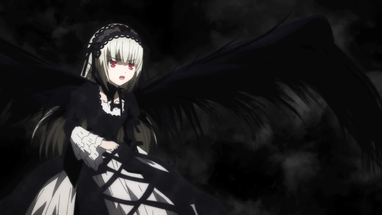 1girl black_dress black_ribbon black_wings dress frills hairband image juliet_sleeves long_hair long_sleeves looking_at_viewer open_mouth red_eyes ribbon rose solo suigintou very_long_hair wings