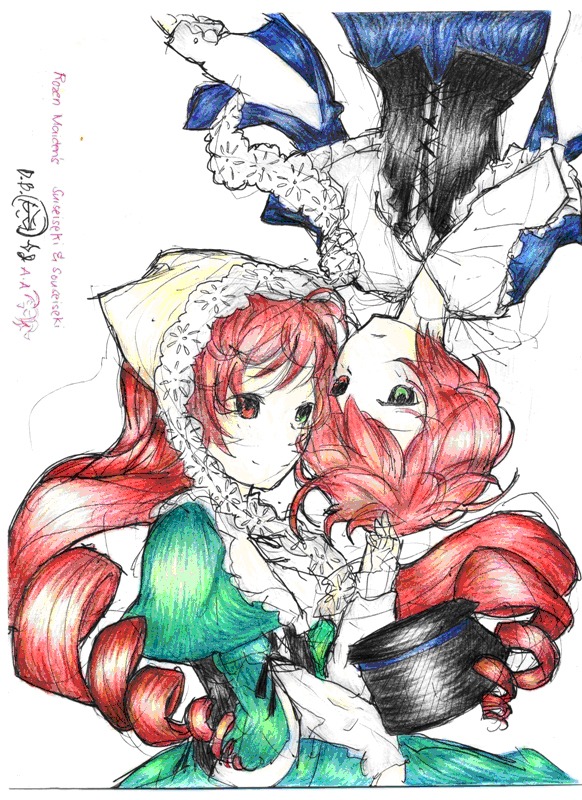 2girls dress drill_hair frills green_eyes hat head_scarf image long_hair long_sleeves looking_at_viewer multiple_girls pair red_eyes red_hair short_hair sisters souseiseki suiseiseki traditional_media