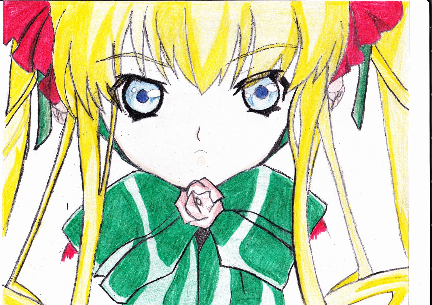 1girl bangs blonde_hair blue_eyes blush bow bowtie eyebrows_visible_through_hair flower image long_hair looking_at_viewer marker_(medium) portrait rose shikishi shinku sidelocks simple_background solo striped traditional_media twintails white_background