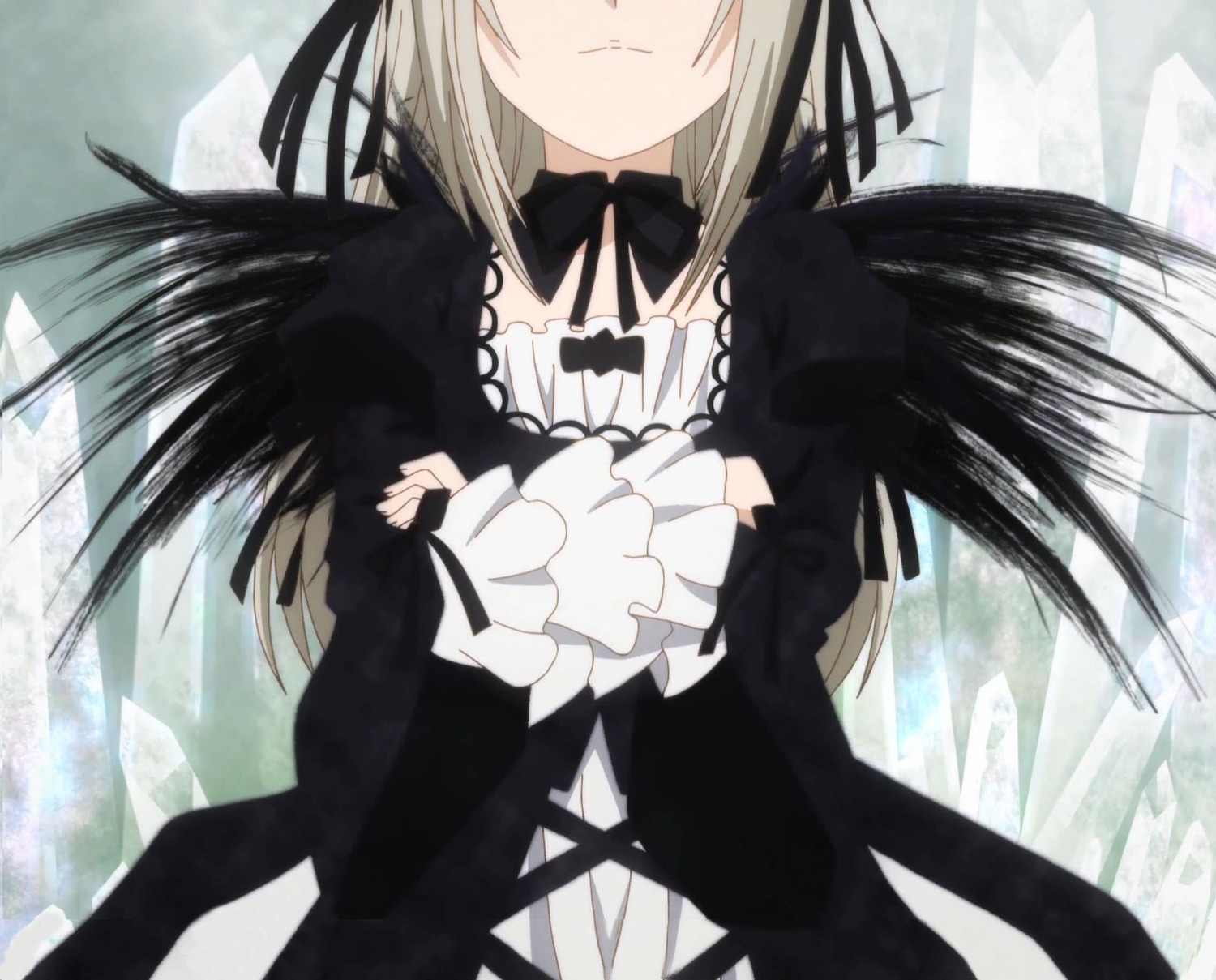 1girl black_dress black_ribbon black_wings closed_mouth dress dutch_angle gothic_lolita head_out_of_frame image juliet_sleeves lolita_fashion long_hair long_sleeves puffy_sleeves ribbon silver_hair solo suigintou wings