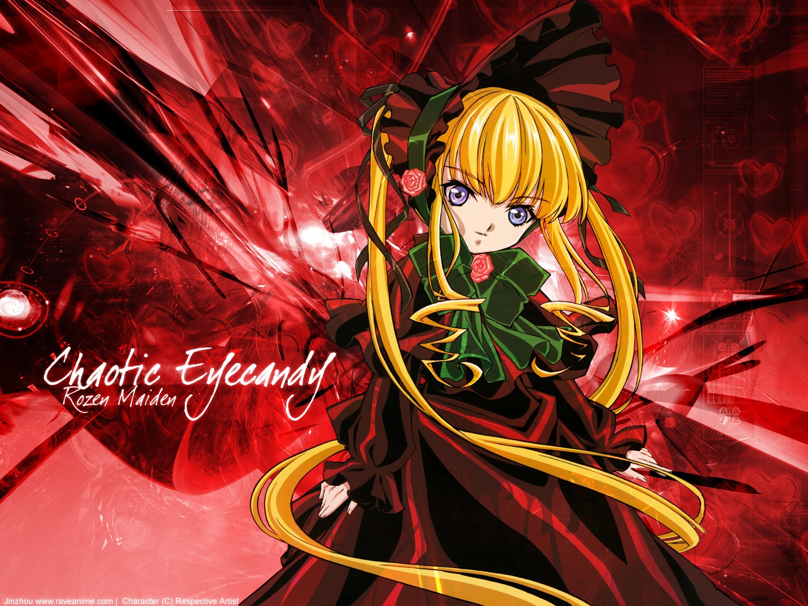 1girl auto_tagged blonde_hair blue_eyes bonnet bow bowtie capelet dress flower green_bow image long_hair long_sleeves looking_at_viewer red_capelet red_dress rose shinku sidelocks solo twintails very_long_hair