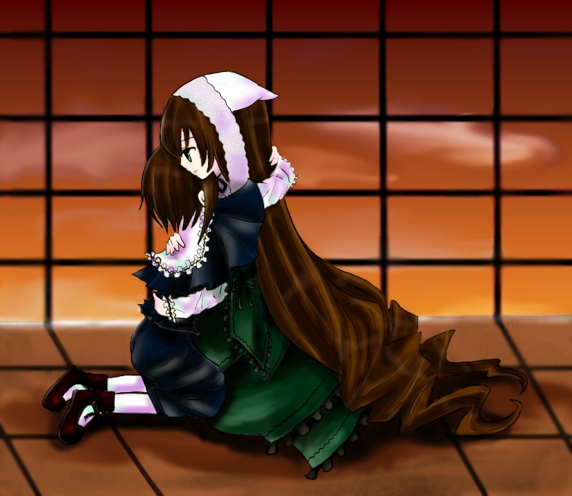 1girl animal_ears brown_hair dress frills full_body green_eyes image long_hair long_sleeves pair profile sitting solo souseiseki suiseiseki tile_floor tiles very_long_hair