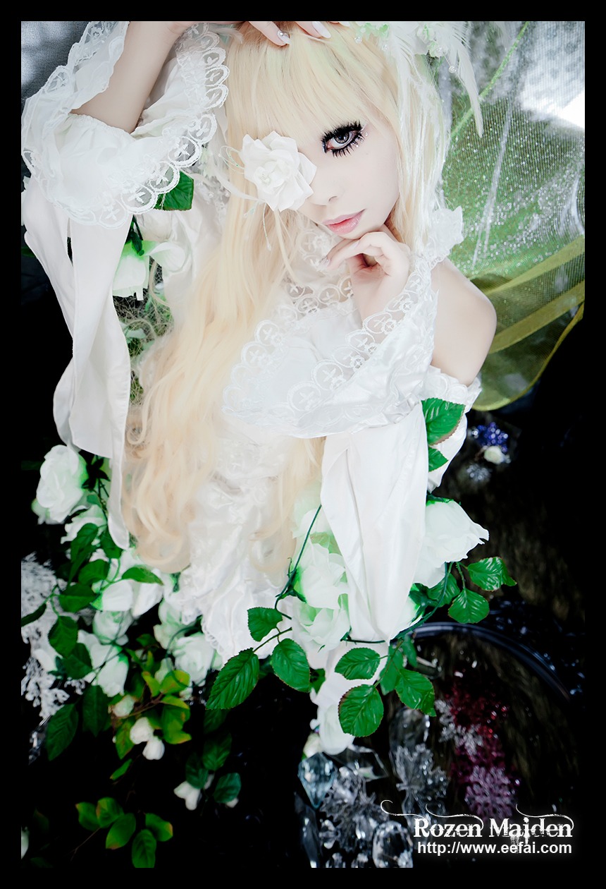 1girl blonde_hair dress flower hair_over_one_eye kirakishou leaf letterboxed lips long_hair solo