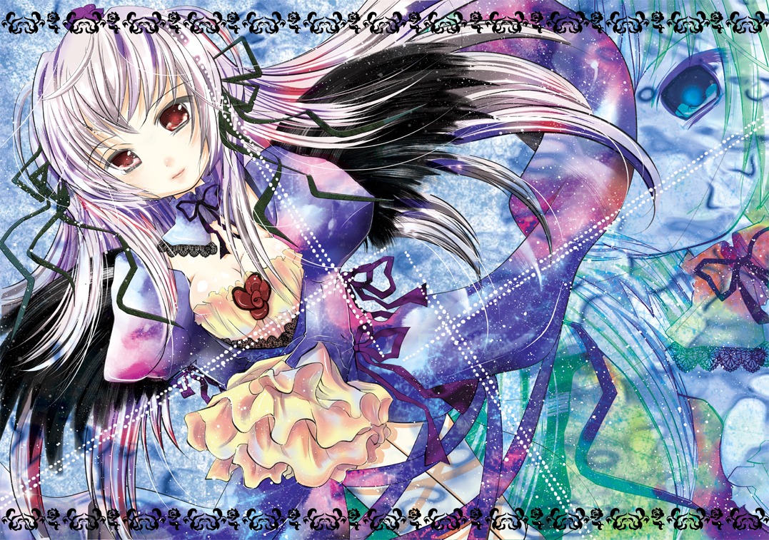 1girl breasts cleavage dress frills hair_ribbon image long_hair long_sleeves red_eyes ribbon silver_hair solo suigintou very_long_hair