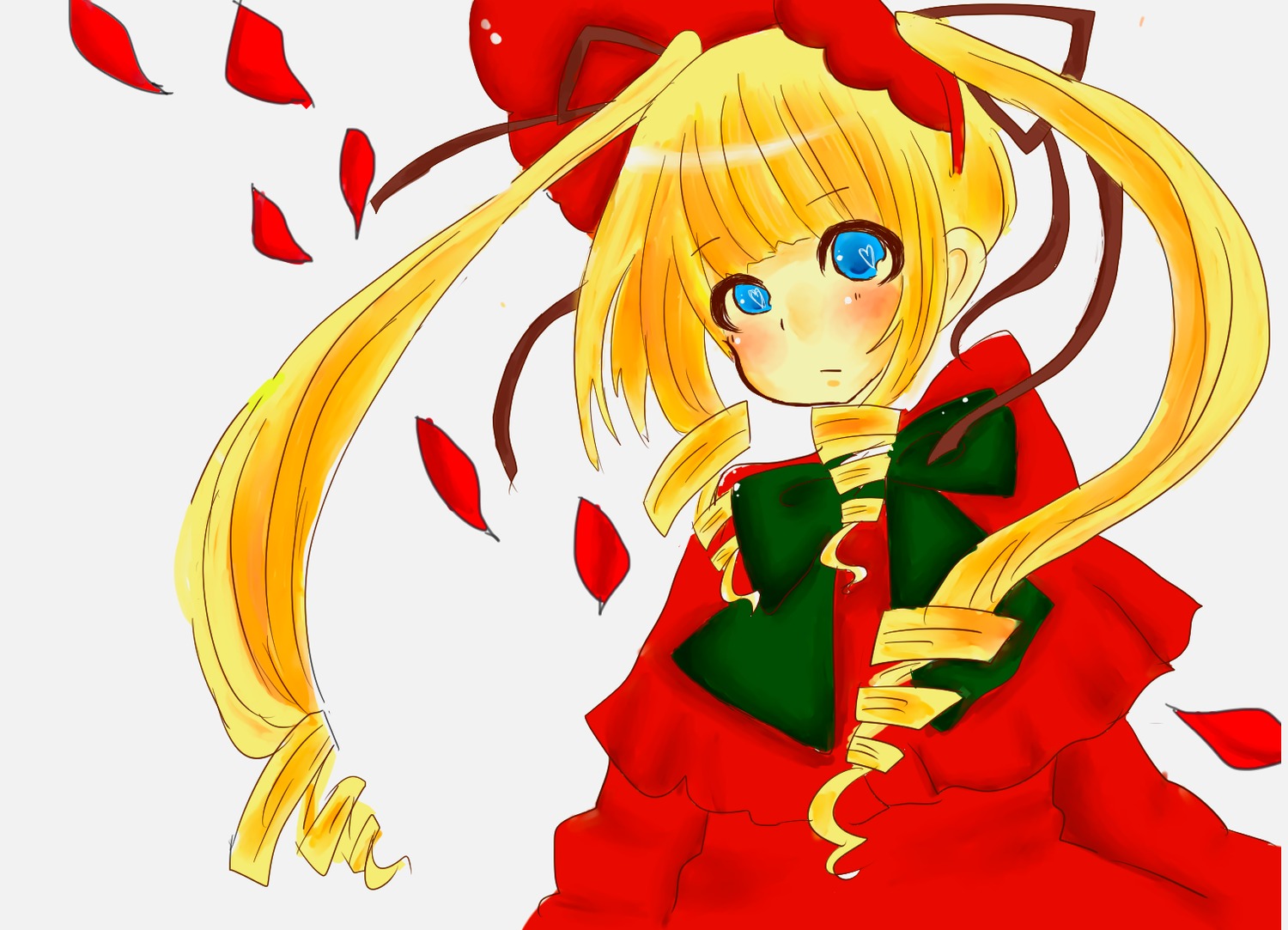 1girl blonde_hair blue_eyes blush bow dress drill_hair flower image long_hair long_sleeves looking_at_viewer petals red_dress ribbon rose_petals shinku solo twin_drills twintails upper_body