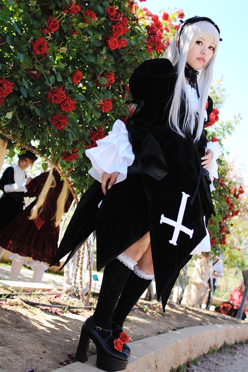 black_dress boots bouquet dress flower gothic_lolita hairband long_hair photo red_flower red_rose rose solo suigintou