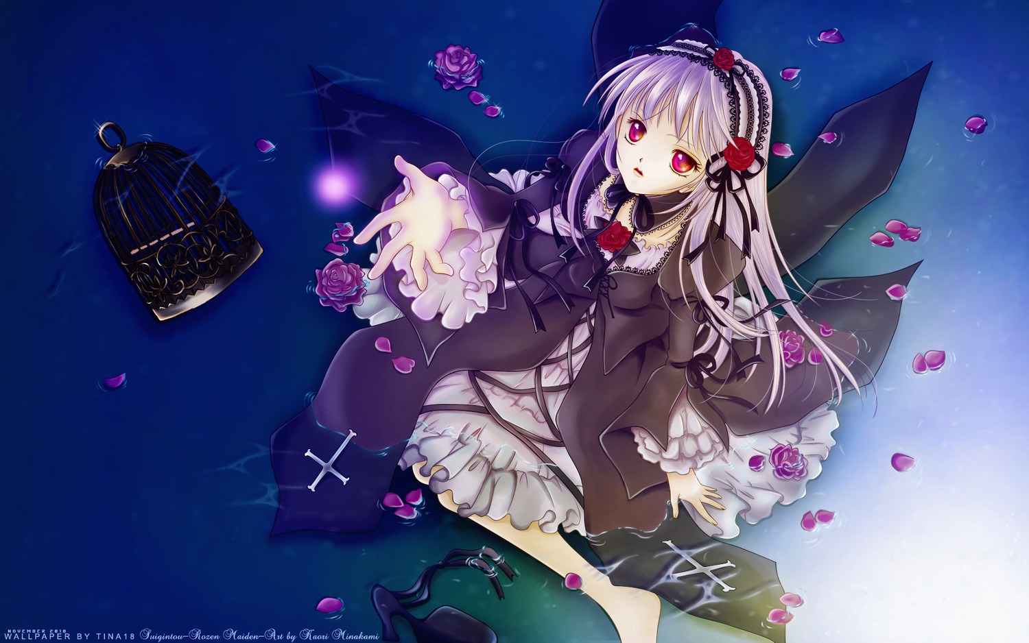 1girl dress flower frills gothic_lolita hairband image lolita_fashion long_hair petals red_eyes rose rose_petals solo suigintou water wings