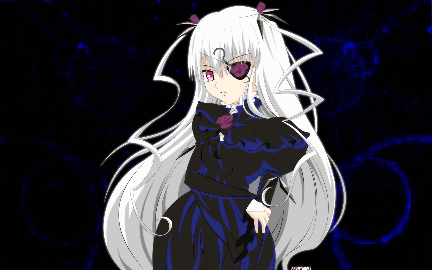 1girl barasuishou black_dress dress hair_ribbon image long_hair long_sleeves looking_at_viewer puffy_sleeves purple_eyes ribbon rose solo standing very_long_hair