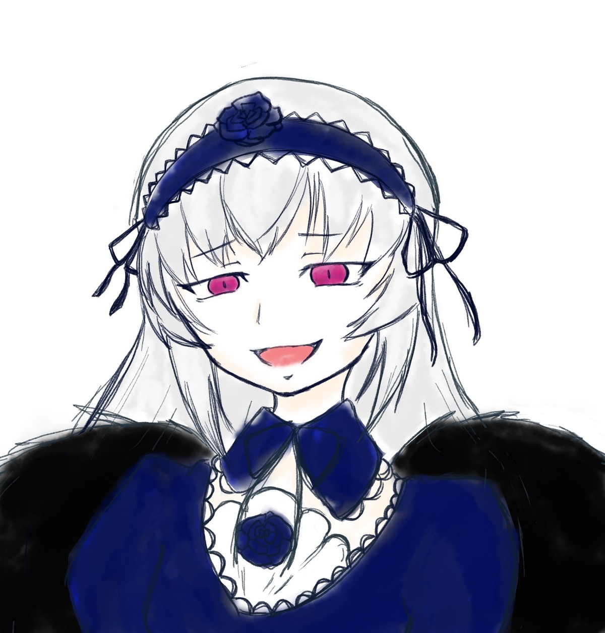 1girl :d black_wings blue_flower blue_rose dress flower hairband image long_hair long_sleeves looking_at_viewer open_mouth pink_eyes puffy_sleeves rose silver_hair simple_background smile solo suigintou upper_body white_background wings