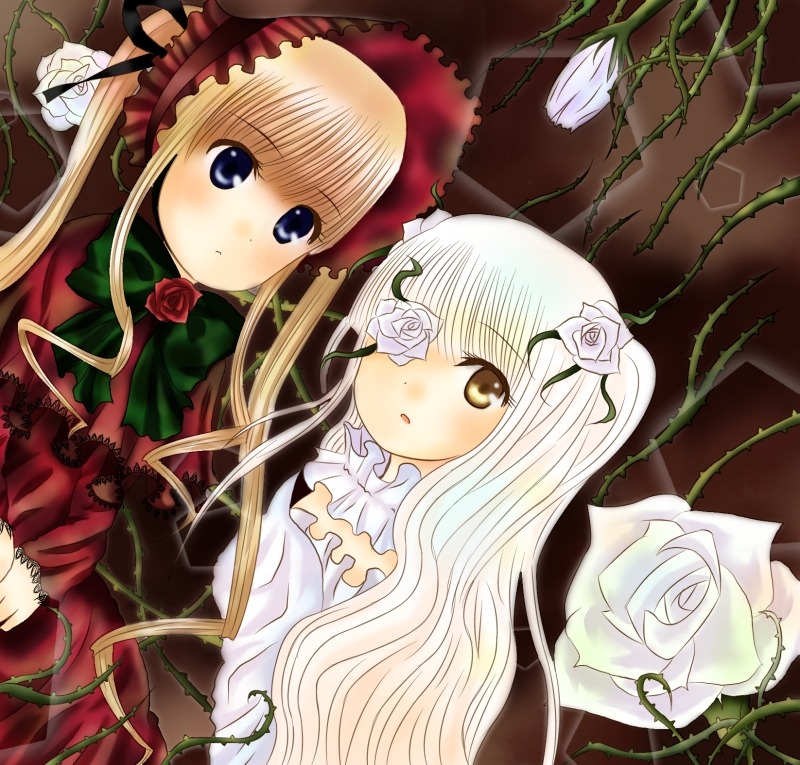 2girls blonde_hair blue_eyes blush bow dress flower image kirakishou long_hair multiple_girls pair plant rose shinku silver_hair thorns twintails vines white_flower white_rose