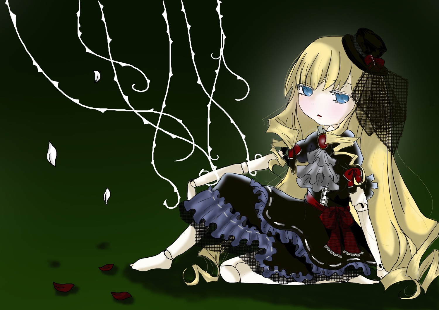 1girl blonde_hair blue_eyes bow doll_joints dress flower hat image joints long_hair mini_hat petals rose shinku sitting solo top_hat