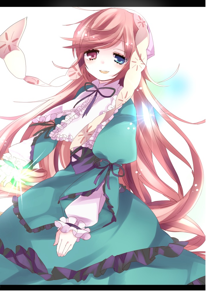 1girl :d blue_eyes dress frills heterochromia image letterboxed long_hair long_sleeves looking_at_viewer open_mouth pink_hair ribbon smile solo suiseiseki very_long_hair