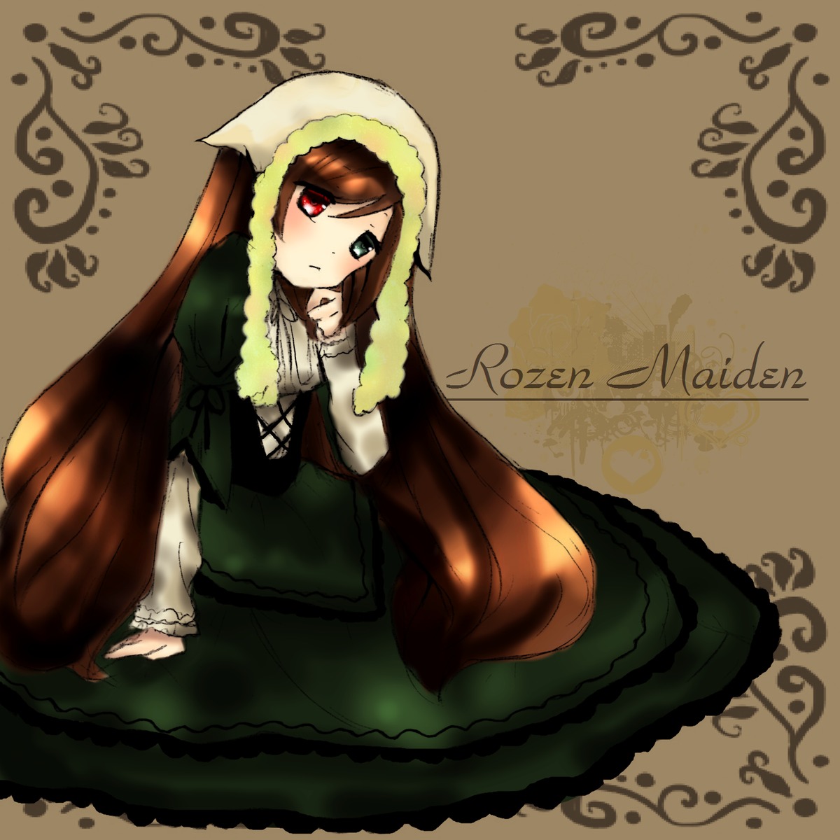 1girl brown_hair corset dress expressionless frills green_dress heterochromia image long_hair long_sleeves looking_at_viewer red_eyes solo suiseiseki very_long_hair