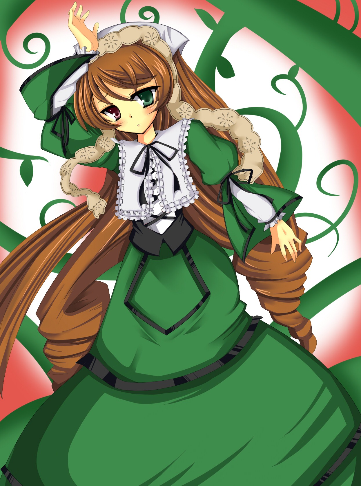 1girl blush brown_hair dress drill_hair frills green_dress green_eyes heterochromia image long_hair long_sleeves looking_at_viewer red_eyes ribbon solo suiseiseki twin_drills twintails very_long_hair