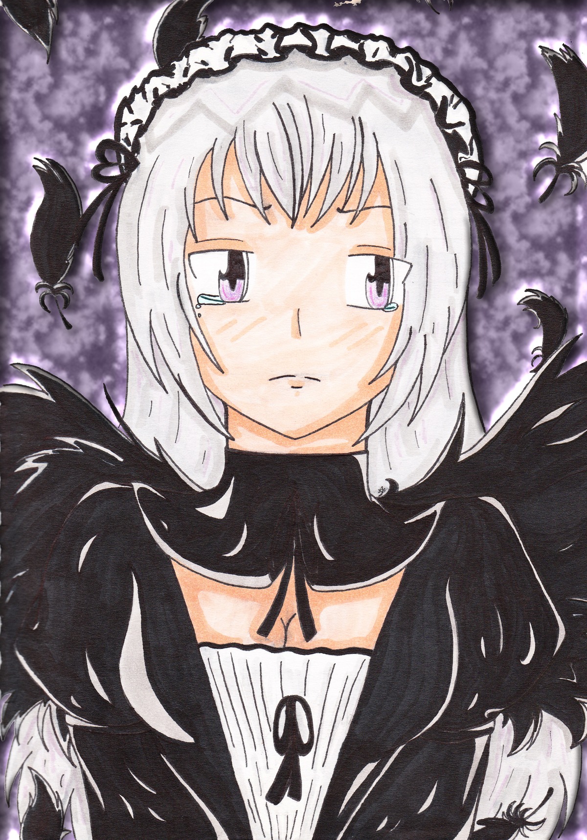 1girl black_feathers black_hairband choker closed_mouth feathers flower hairband image lolita_hairband long_hair looking_at_viewer purple_eyes silver_hair solo suigintou tears upper_body