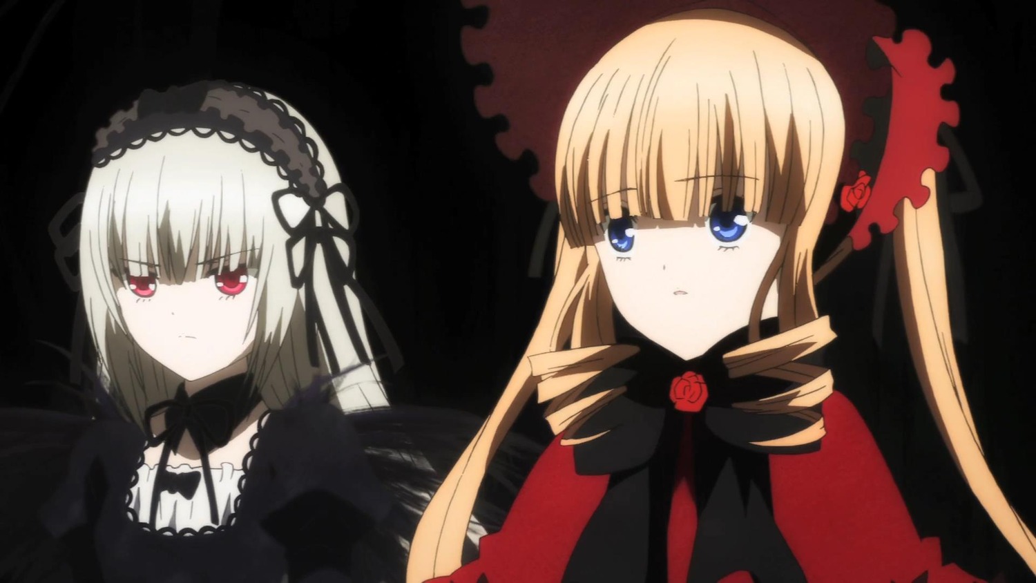 2girls blonde_hair blue_eyes bonnet bow dress drill_hair expressionless flower hairband image long_hair looking_at_viewer multiple_girls pair rose shinku silver_hair suigintou