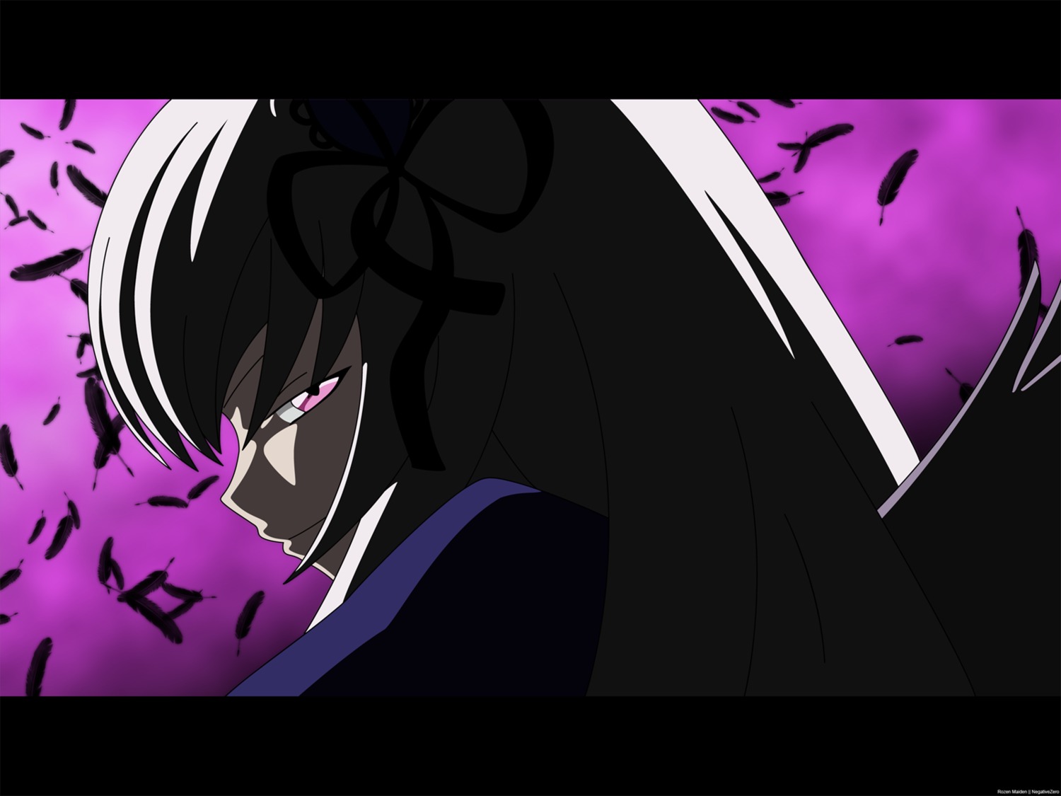 1girl akemi_homura akuma_homura black_gloves black_hair border bow choker elbow_gloves gloves hair_ribbon image kaname_madoka letterboxed long_hair looking_at_viewer magical_girl profile purple_eyes ribbon smile solo suigintou