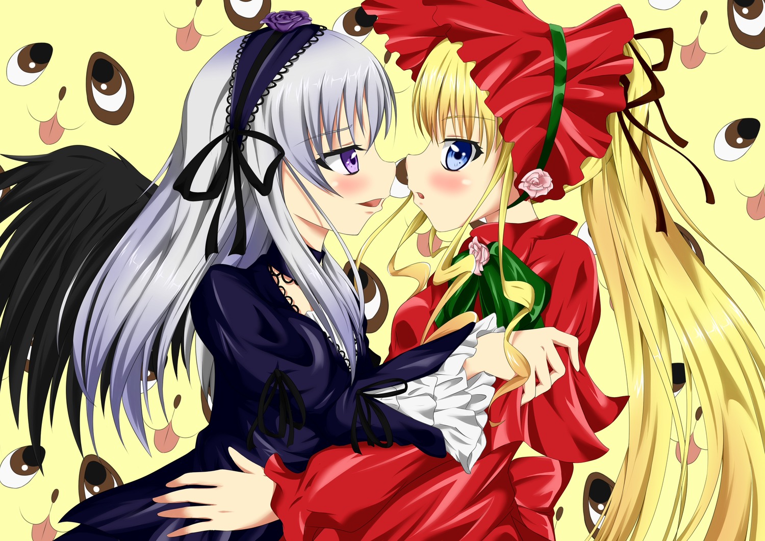 2girls black_wings blonde_hair blue_eyes blush dress eye_contact face-to-face flower frills hairband image long_hair long_sleeves looking_at_another multiple_girls pair red_dress ribbon shinku silver_hair suigintou tongue wings yellow_background yuri