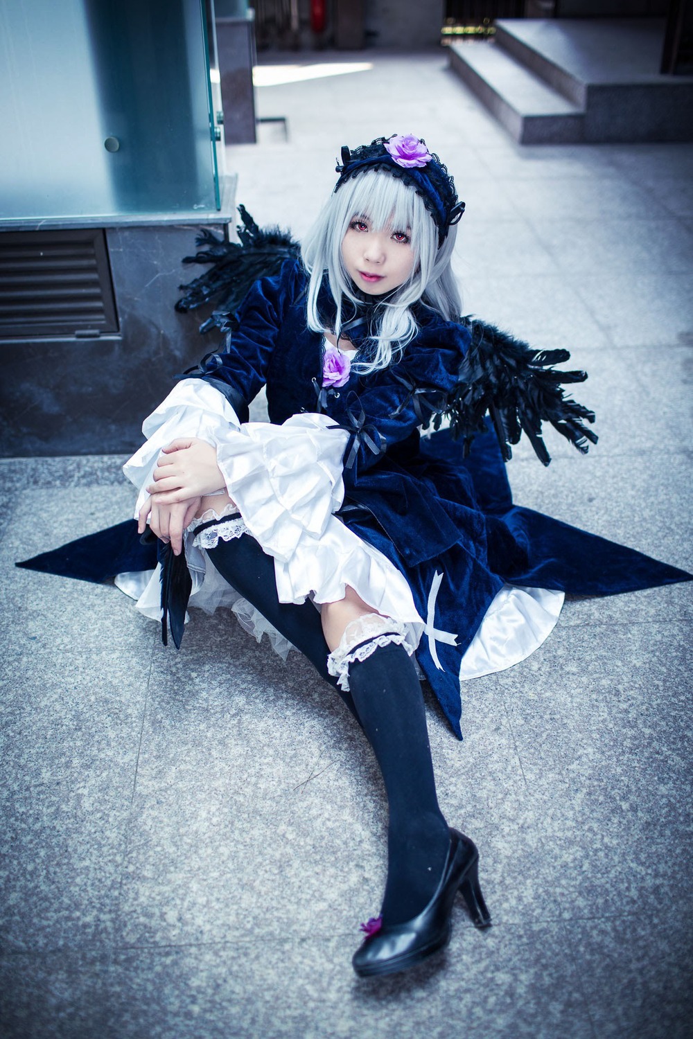 1girl black_legwear boots dress frills full_body gothic_lolita high_heel_boots high_heels lips lolita_fashion long_sleeves looking_at_viewer photo sitting solo suigintou thigh_boots thighhighs