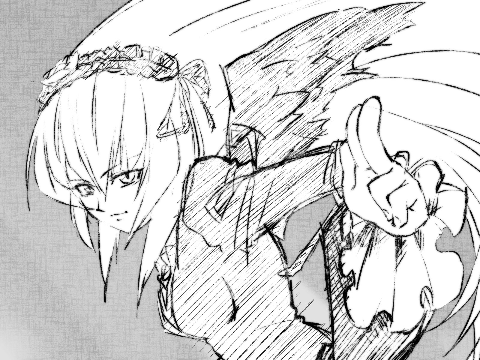 1girl dress flower greyscale hairband image long_sleeves looking_at_viewer monochrome ribbon solo suigintou upper_body wings