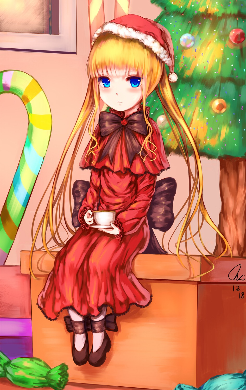 1girl blonde_hair blue_eyes blush bow bowtie capelet christmas cup dress hat image long_hair looking_at_viewer red_dress santa_hat shinku sitting solo