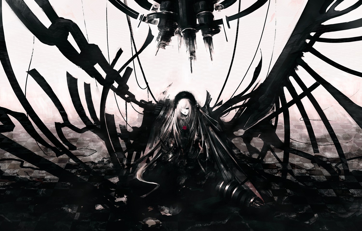 1girl black_rock_shooter commentary_request highres image iori_yakatabako long_hair parody partial_commentary photoshop_(medium) rozen_maiden solo suigintou white_hair wings