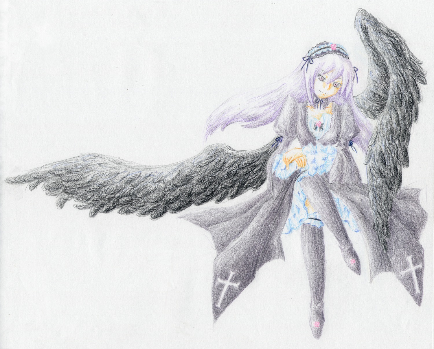 1girl angel_wings black_wings dress feathered_wings feathers frills hairband image long_hair solo suigintou thighhighs traditional_media watercolor_(medium) wings