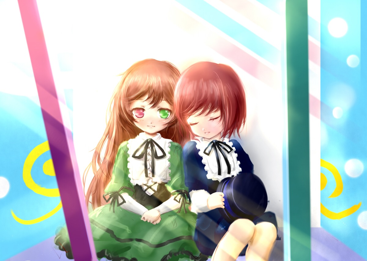 2girls brown_hair closed_eyes dress green_dress green_eyes heterochromia image long_hair long_sleeves multiple_girls pair rainbow red_eyes ribbon short_hair siblings sisters sitting smile souseiseki suiseiseki twins