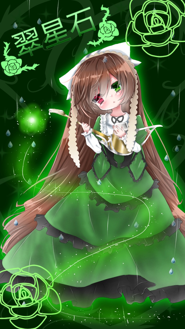 1girl brown_hair dress flower frills green_dress green_eyes heterochromia image long_hair long_sleeves red_eyes rose solo suiseiseki very_long_hair vines white_flower white_rose yellow_rose