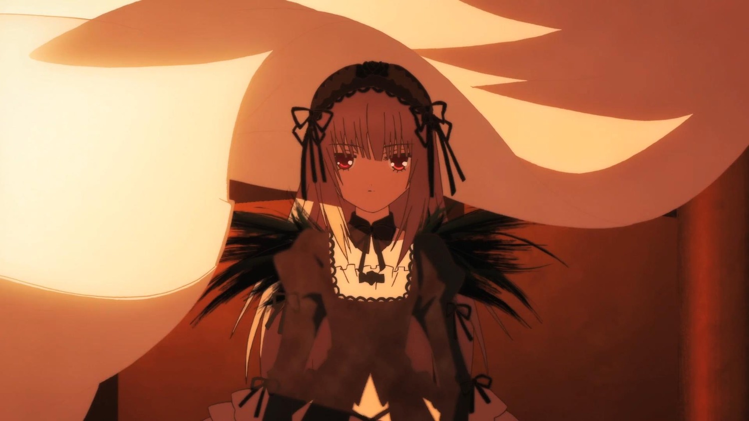 1girl bangs black_dress black_ribbon black_wings closed_mouth dress eyebrows_visible_through_hair feathered_wings frills hairband head_tilt image juliet_sleeves long_hair long_sleeves looking_at_viewer puffy_sleeves ribbon rose solo suigintou wings