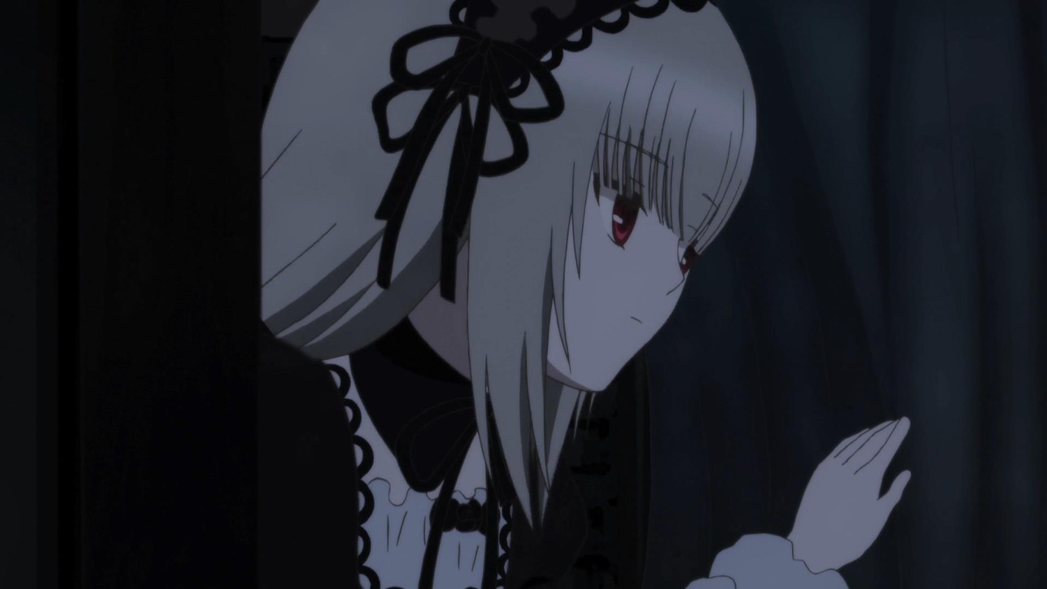 1girl bangs black_ribbon closed_mouth dress eyebrows_visible_through_hair frills hairband image long_hair long_sleeves red_eyes ribbon silver_hair solo suigintou upper_body