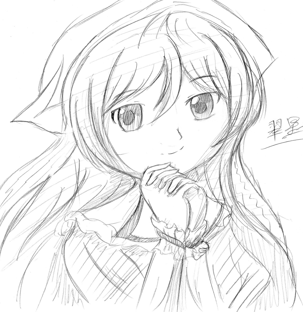 1girl auto_tagged blush eyebrows_visible_through_hair greyscale image long_hair long_sleeves looking_at_viewer monochrome sketch smile solo suiseiseki upper_body white_background