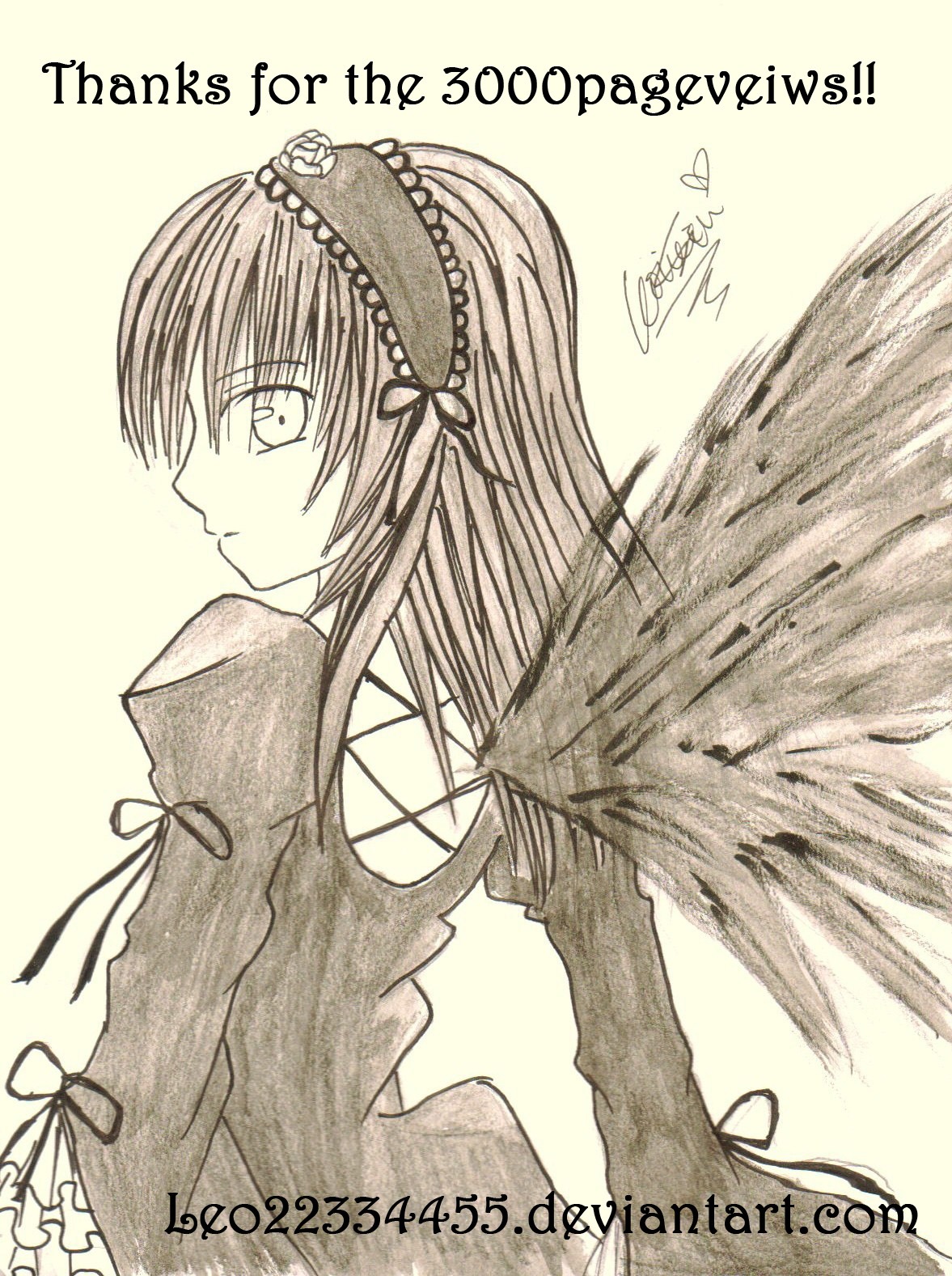 1girl black_wings dated dress english_text feathered_wings frills hairband image lolita_fashion lolita_hairband long_hair long_sleeves looking_at_viewer monochrome ribbon simple_background solo suigintou white_background wings yellow_eyes