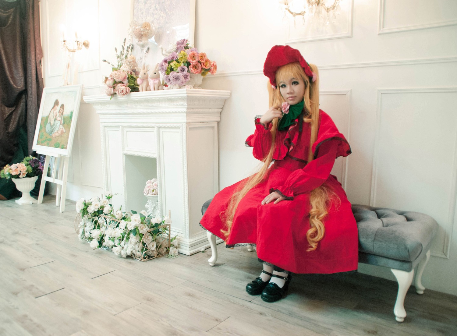 1girl blonde_hair bonnet dress drill_hair flower green_eyes long_hair long_sleeves shinku shoes sitting solo white_legwear window