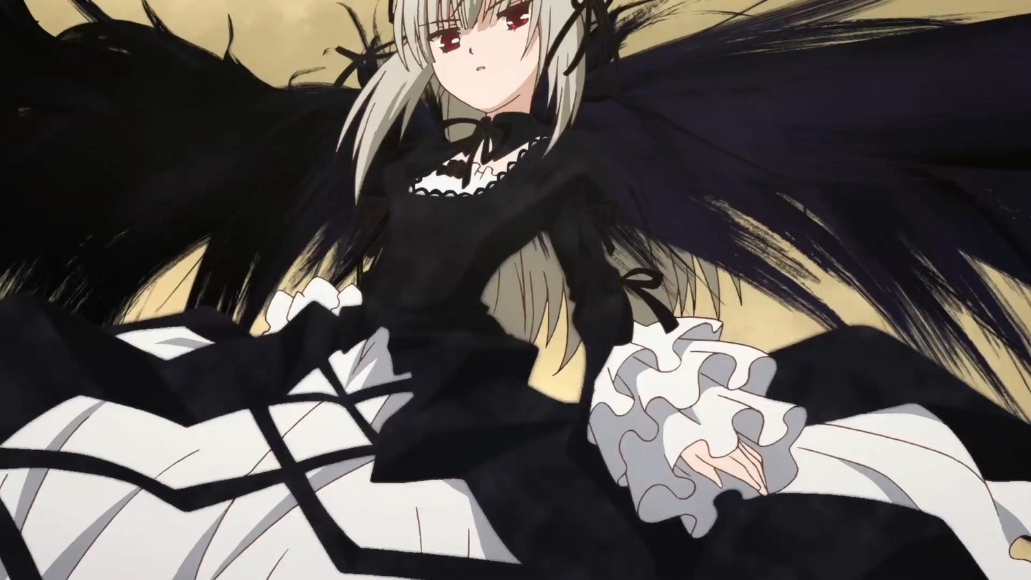 1girl black_dress black_ribbon black_wings closed_mouth dress expressionless frilled_sleeves frills image long_hair long_sleeves looking_at_viewer red_eyes ribbon rose silver_hair solo suigintou very_long_hair wings