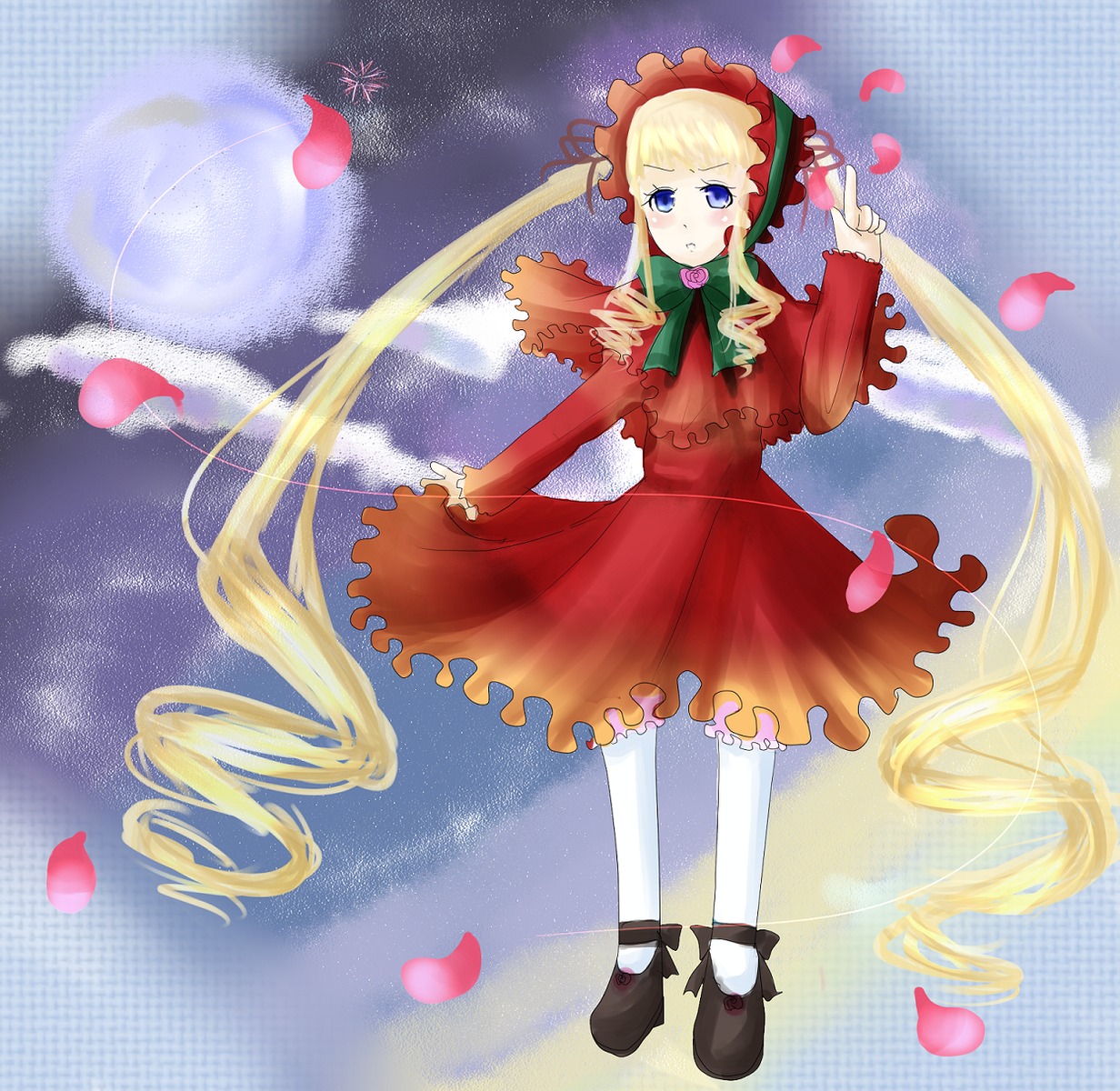 1girl blonde_hair blue_eyes bonnet bow bowtie cherry_blossoms dress drill_hair flower green_bow image long_hair long_sleeves pantyhose petals red_dress rose_petals shinku shoes solo standing twintails very_long_hair white_legwear