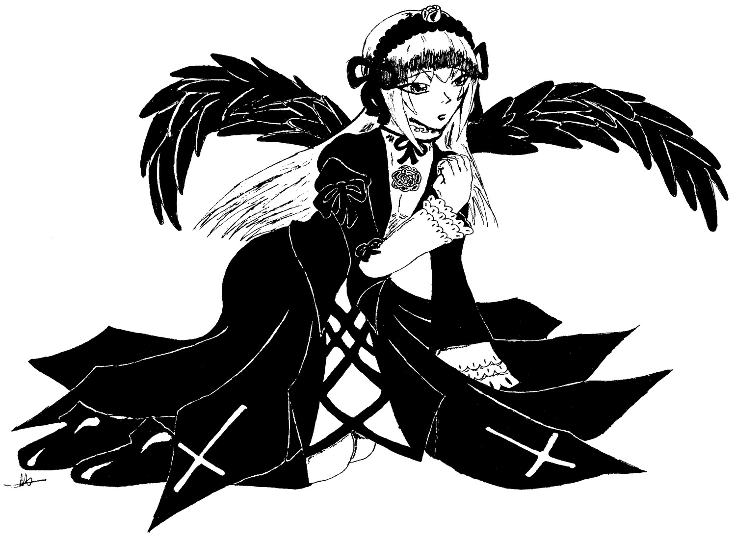 1girl black_wings feathered_wings full_body greyscale image long_sleeves looking_at_viewer monochrome ribbon signature solo striped suigintou white_background wings