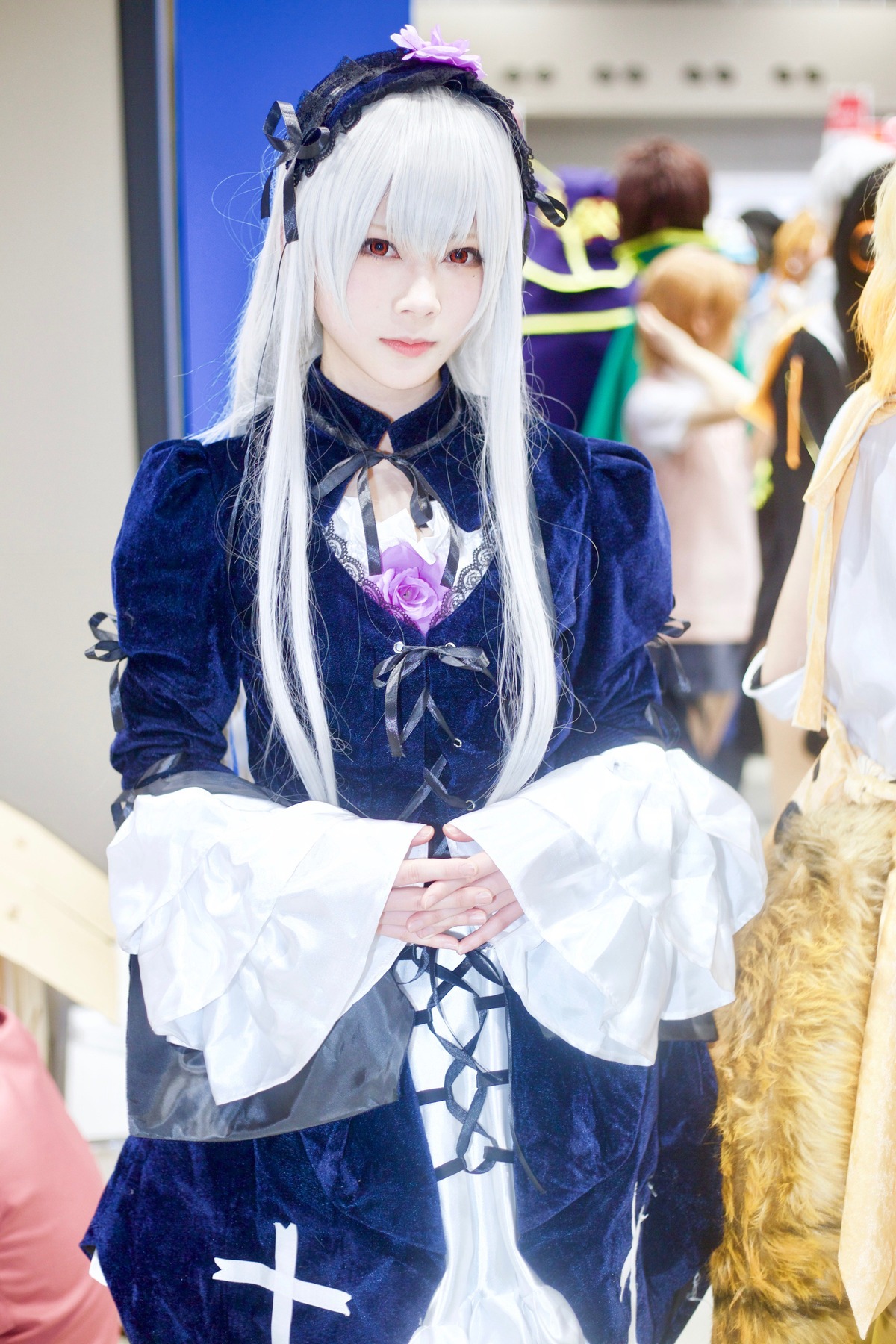 1boy 1girl black_dress blurry blurry_background blurry_foreground depth_of_field dress flower frills hairband long_hair long_sleeves looking_at_viewer photo red_eyes solo solo_focus suigintou