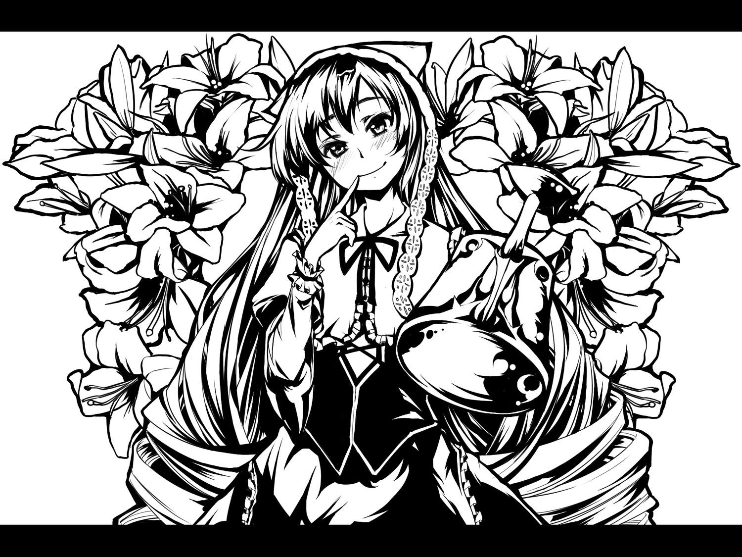 1girl blush flower greyscale hat hong_meiling image letterboxed lily_(flower) long_hair monochrome smile solo suiseiseki