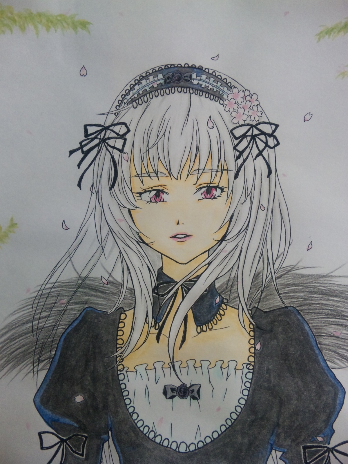 1girl black_ribbon choker dress flower hairband image juliet_sleeves long_hair long_sleeves looking_at_viewer marker_(medium) petals pink_eyes puffy_sleeves ribbon silver_hair solo suigintou traditional_media upper_body